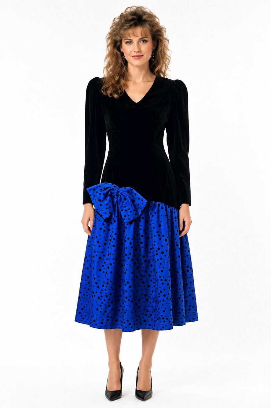 Vintage ‘80s Black Velvet & Blue Polka Dot Drop Waist Midi Dress w/ Accent Bow